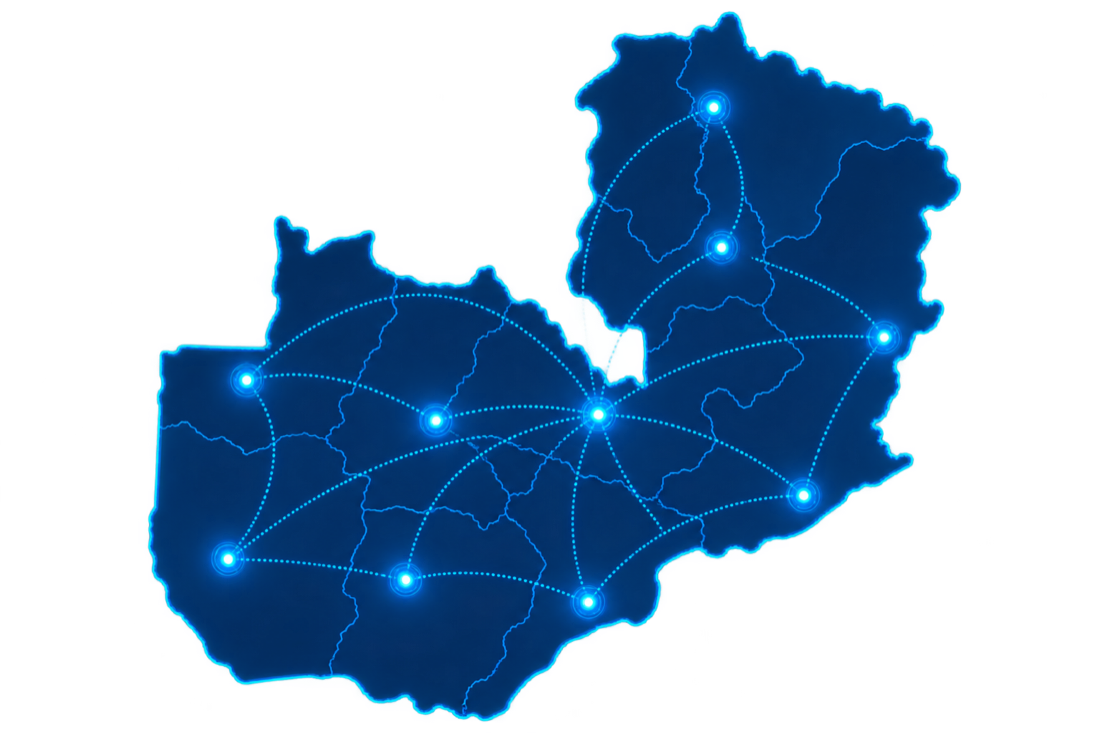 Digital coverage map of Zambia with service points across all ten provinces